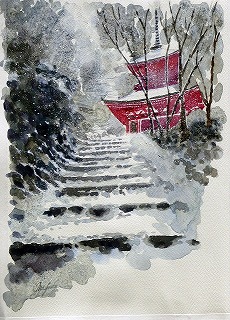 『冬の信州』 - 水彩画 冬の信州』 - 水彩画